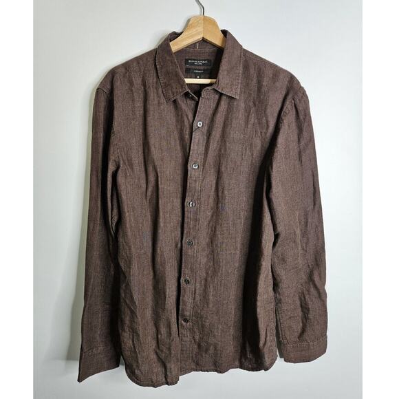 Banana Republic Button Up Shirt Mens M Brown 100% Linen Relaxed Travel Vacation - Picture 2 of 7